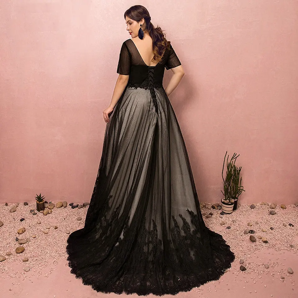 Fashion Black Plus Size Evening Dresses Long 2019 Formal Evening Gowns V Neck Tulle Appliques Women Party Dress Prom Custom Made