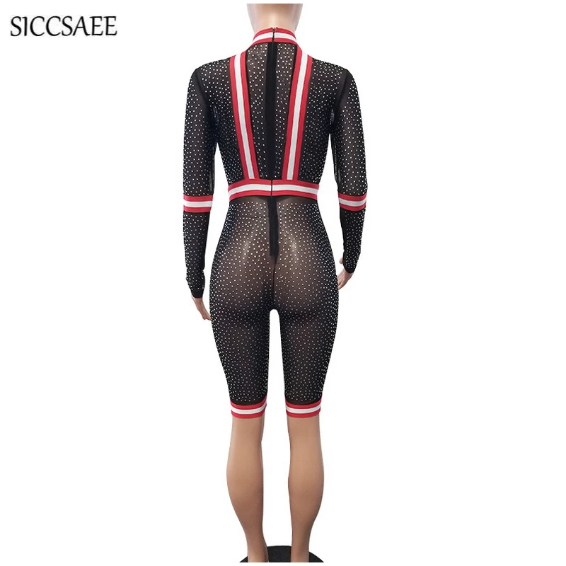 Black Mesh Bodycon Bodysuit Knee Length Striped Rompers Womens Jumpsuit Rhinestone Sexy Club Wear Glitter Sparkly Bike Shorts