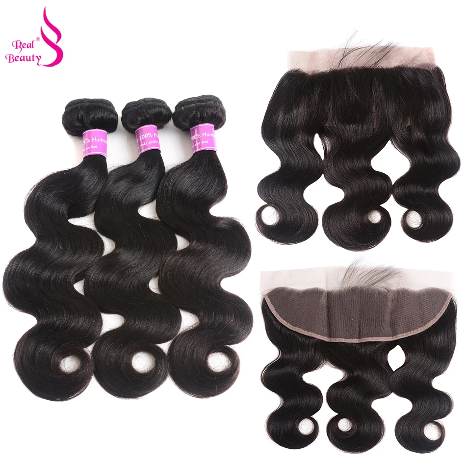 Real Beauty Brazilian Body Wave Lace Frontal With 3 Bundles Human Hair Weave Bundles Natural Black Non-Remy Hair body-wave