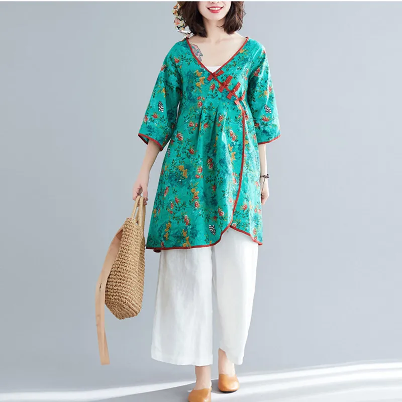 

Johnature New Vintage Linen Chinese Style Plate Buckle Long Blouses Women Tops 2019 Summer 2 Colors V-neck Women Shirts