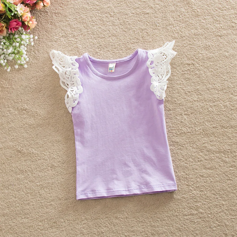 Милая Кружевная футболка с оборками на рукавах для новорожденных и маленьких девочек, блузка, хлопковые топы, размер От 0 до 4 лет - Цвет: Фиолетовый