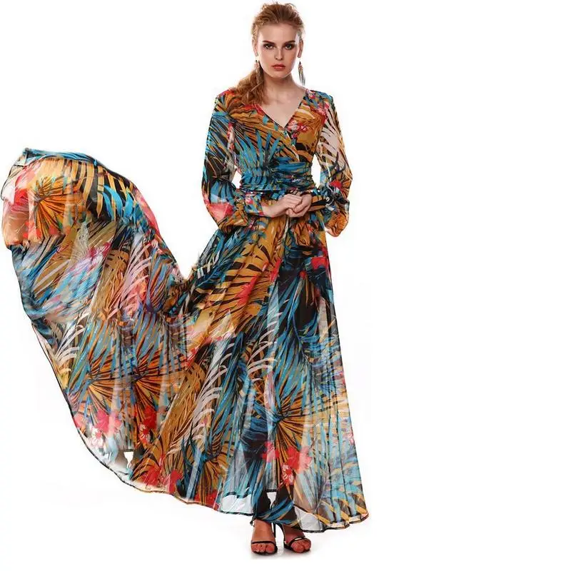 

long-sleeved lace summer dress large size new ladies summer plus size V collar Chiffon long dress retro Vestidos G49