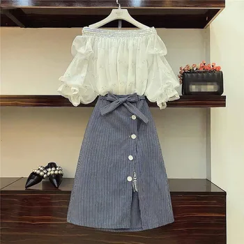 

Summer New Casual Sets Off the shoulder Sequined White Top + Lace Patchwork Split Striped Skirts 2 Piece Set Student Suits