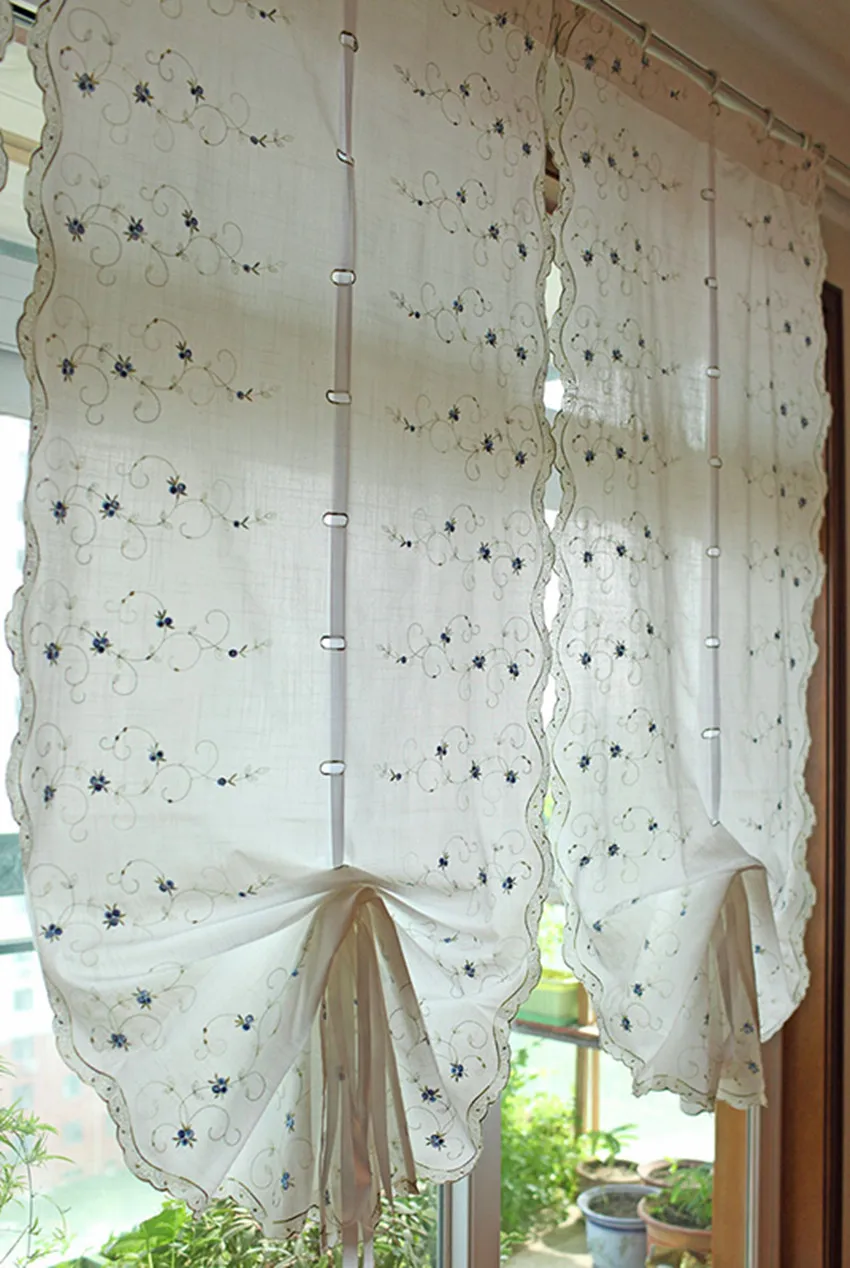 Blue Three dimensional Embroidery Roses Linen Cotton Semi Light Shading