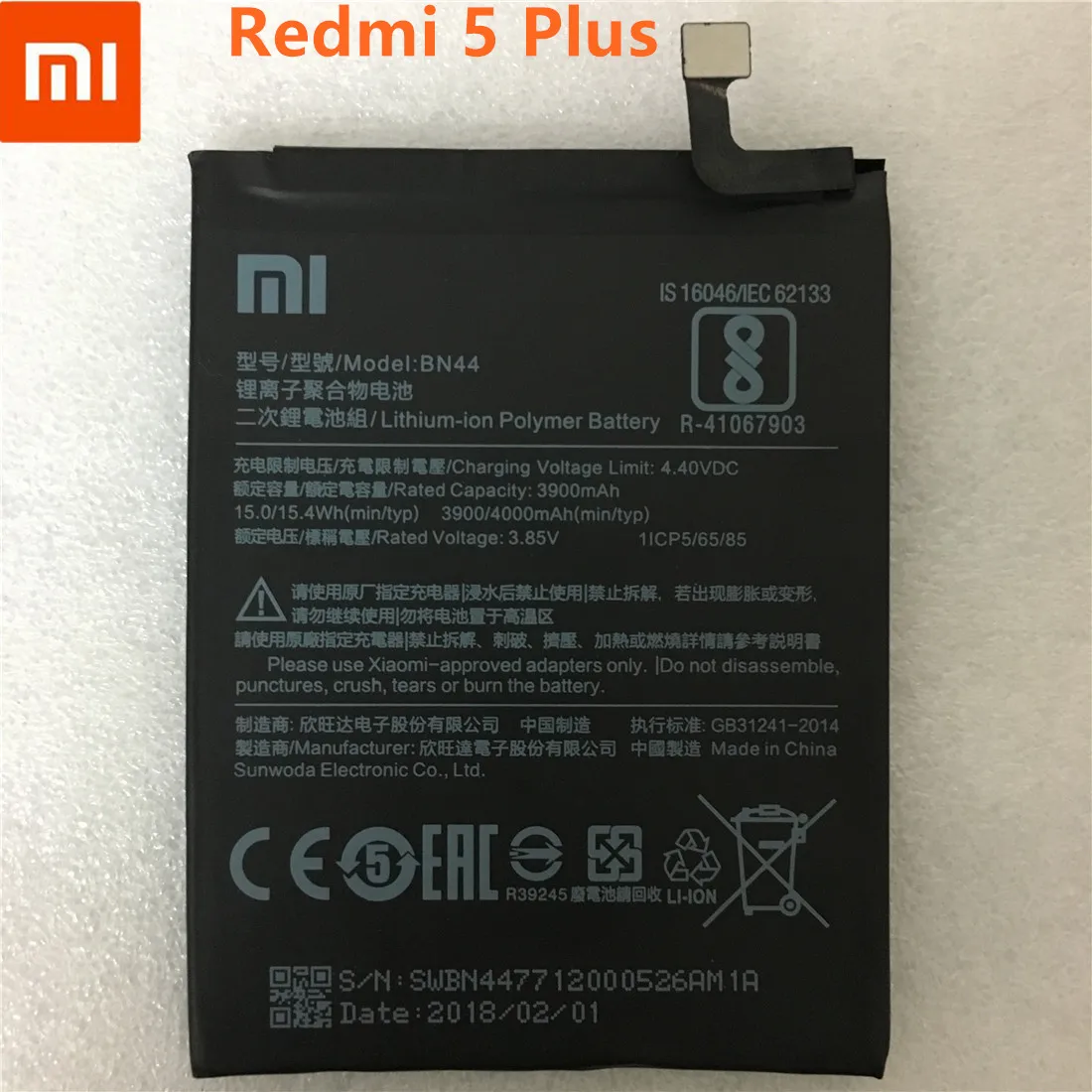 

Xiao Mi Mobile Phone battery 4000mAh High Capacity Polymer Replacement Strong Endurance Battery BN44 For Xiaomi Redmi 5 Plus