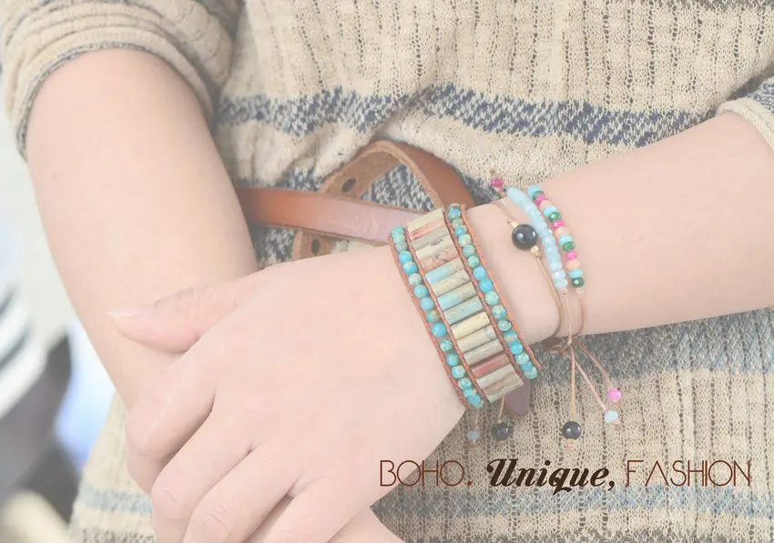 Handmade Boho Natural Stone Adjustable Bracelet Boho Bead Simple Bracelet String Strand Bracelet wholesale