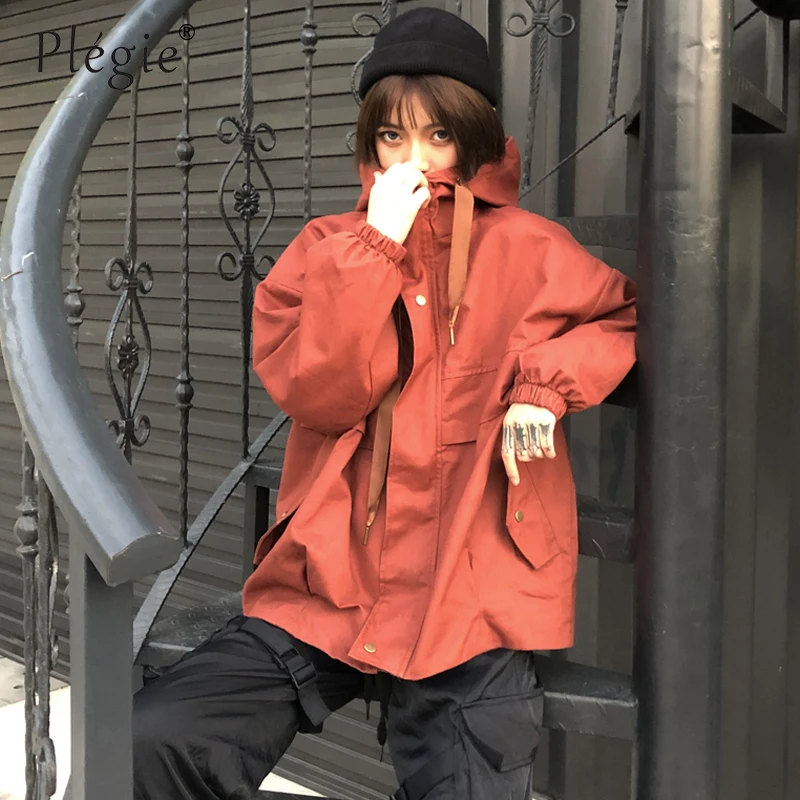 

Plegie Harajuku Oversized Jacket Women 2019 Spring Autumn Patchwork Hooded Jacket Bf Style Colleage Students Loose Jacket Coat