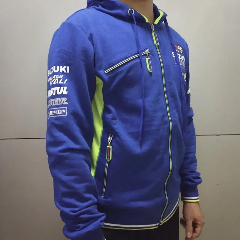 شحن مجاني 2018 موتو GP لسوزوكي فريق هوديي البريدي الأزرق/الأخضر مقنعين سترة الكبار هوديي الرياضة البلوز جاكيتات
