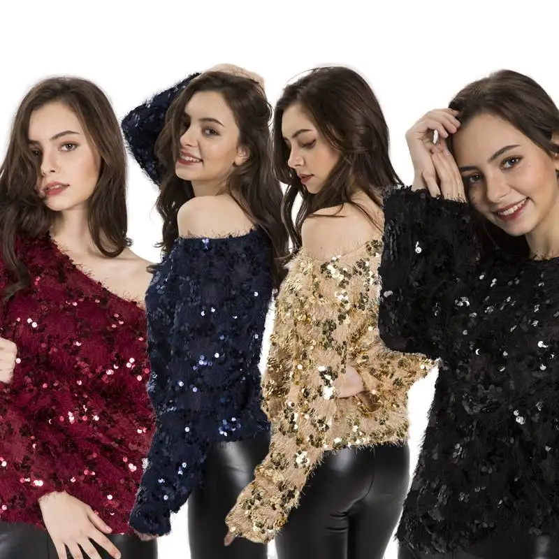 

Ladies Off-shoulder Sexy Slim Loose Shirt Top Glistening Sequin Tees Boutique long sleeve harajuku woman clothes tshirt punk