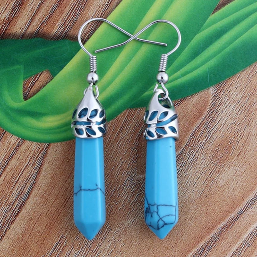 

100-Unique 1 Pair Silver Plated Blue Turquoises Small Hexagon Prism Dangle Hook Earring Elegant Women's Earring