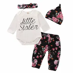 Детский комбинезон с длинными рукавами и принтом «Little Sister» для новорожденных девочек + штаны с цветочным принтом + шапочка + повязка на