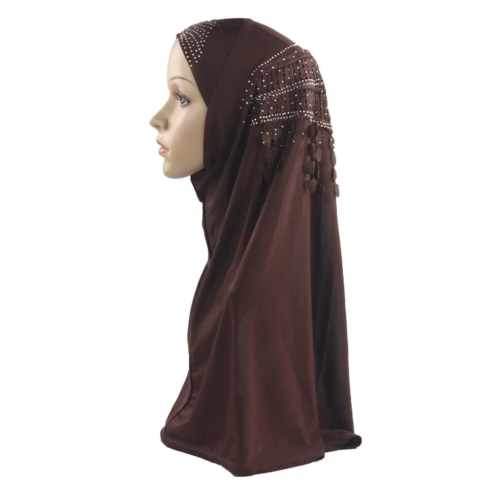 Мусульманский женский хиджаб исламский шарф женский цельный Амира Кепка полное покрытие головной убор с красивыми кисточками кулон алмаз - Цвет: Brown
