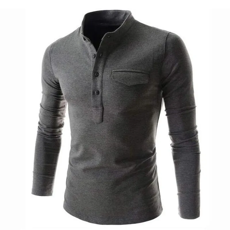 New Design Solid Color Polo Shirt Men 2019 Fashion Stand Collar Gray Long Sleeve Casual False Pocket Henley Man | Мужская одежда