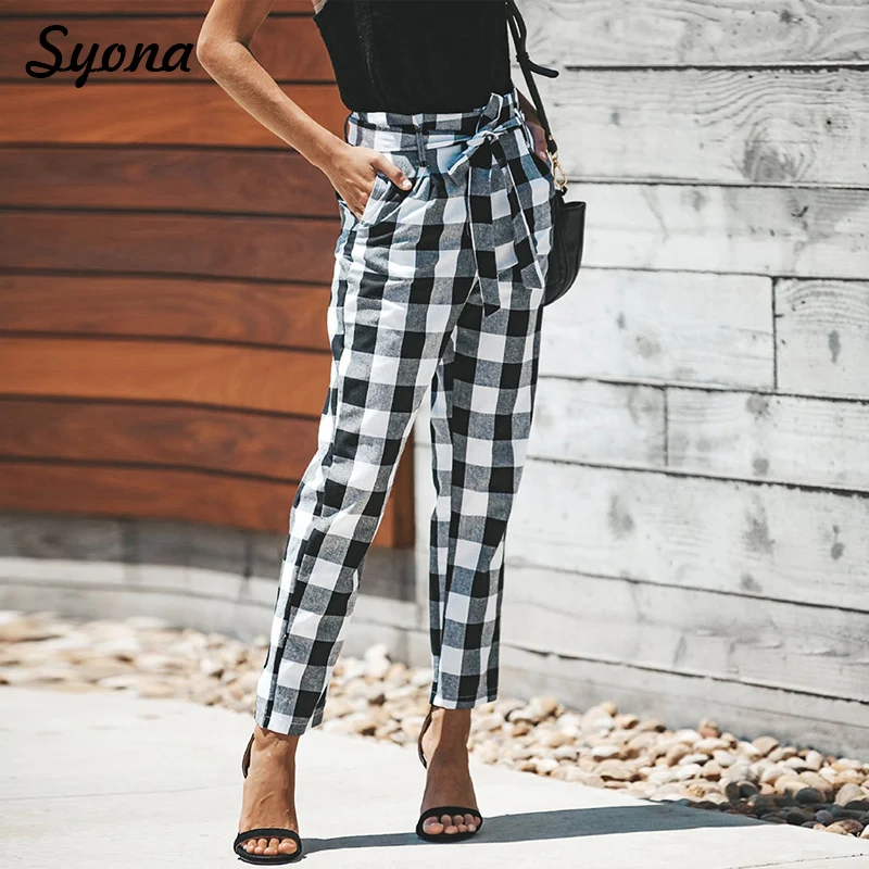 2018 Checkered Paperbag PANTS High Waist Straight Casual Paper Bag Trousers font b Tartan b font