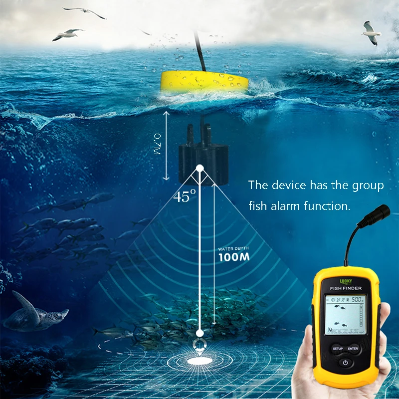 Lucky Sonar Fish Finder Alarm FF1108-1 100M Portable Sonar Sensor LCD Fishfinder Deeper Echo Sounde