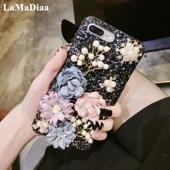 

Luxury Bling Diamond Hard Phone Cases For IPhone 11 Pro MAX X XR XS MAX 6 6S Plus 7 8 Plus Pearl Flowers Female Model Case Cover
