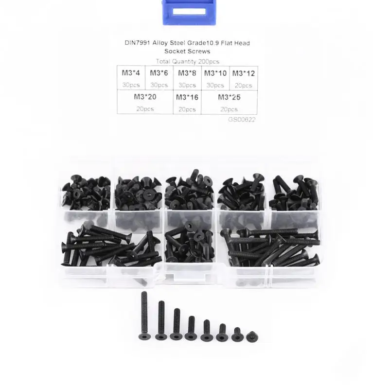 

200pcs/set M3 Screws Countersunk Head Hex Socket Screws Bolts Machine Assortment Set Fastener Hardware