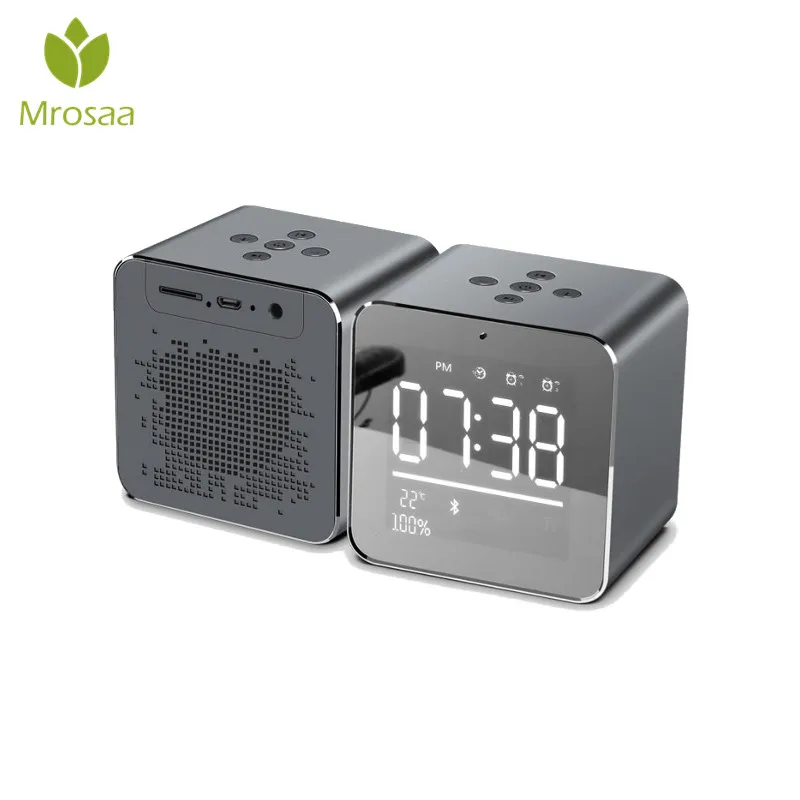

Mrosaa Mirror LCD Screen Mini bluetooth Speaker Alarm Clock 2 in 1 Rechargeable Support AUX TF Card Music alarm Desktop Clocks