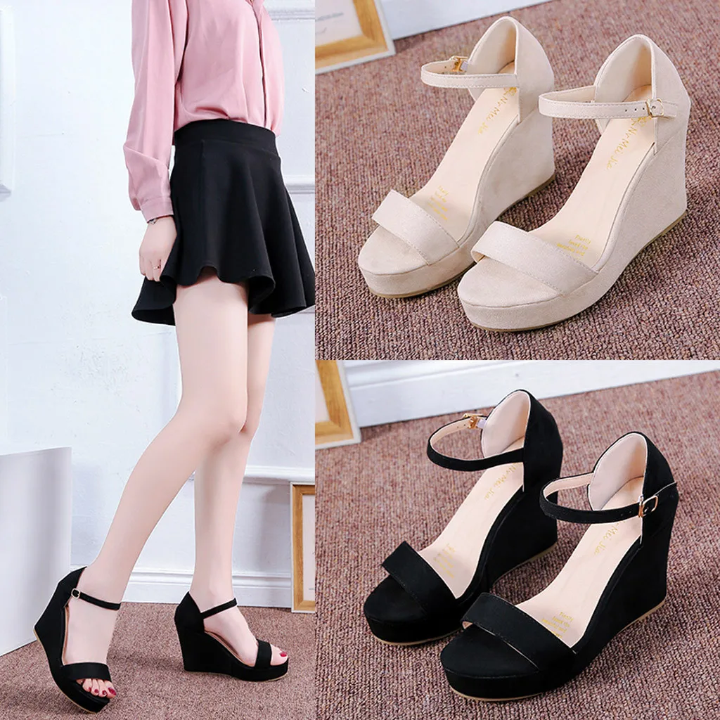 

Fashion Ankle Strap Sandals Open Toe Suede High Heel Sandals Buckle Strap Wedge Shoes Buckle Ladies Office Work Sandalias Shoes