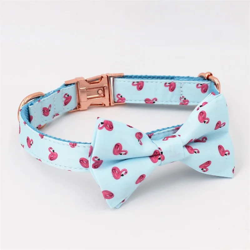 Летний ошейник и поводок с Фламинго с галстуком-бабочкой для больших и маленьких собак, хлопковый тканевый ошейник с металлической пряжкой цвета розового золота