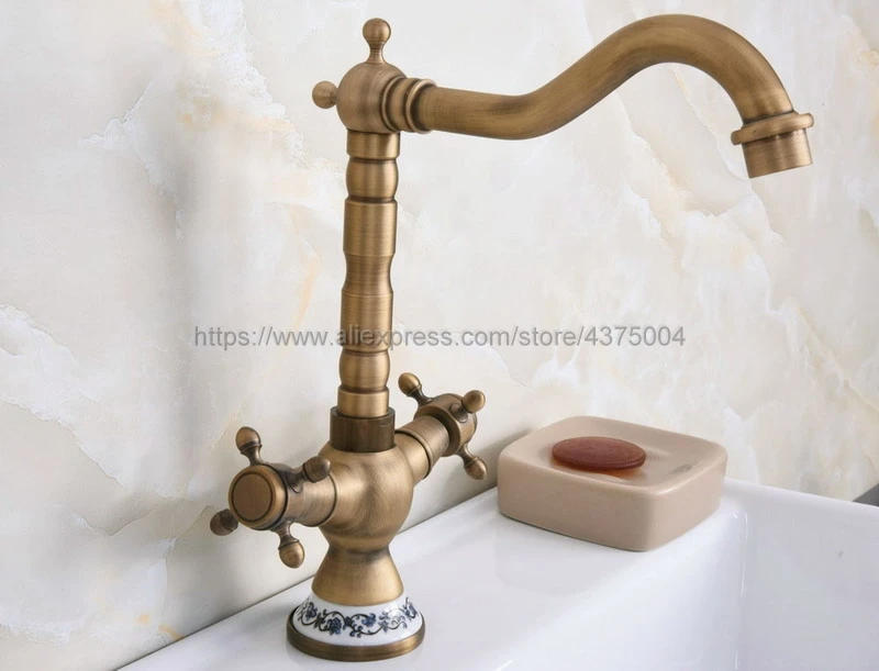 Basin Faucets Antique Brass Bathroom Sink Faucet 360 Degree Swivel Spout Double Cross Handle Bath Mixer Taps Nnf602