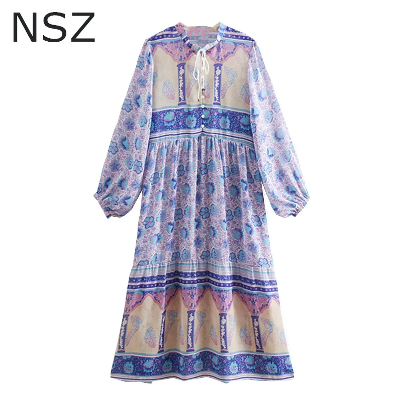 

NSZ Women Print Long Maxi Boho Chiffon Dress Round Collar Loose Casual Summer Pleated Bohemian Beach Dress
