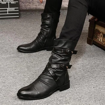 

New Korean Version of the Trend of Men's Boots Handsome and Cool British Style Pointed Toe Leather Boots Rivet Nice Martin Boots