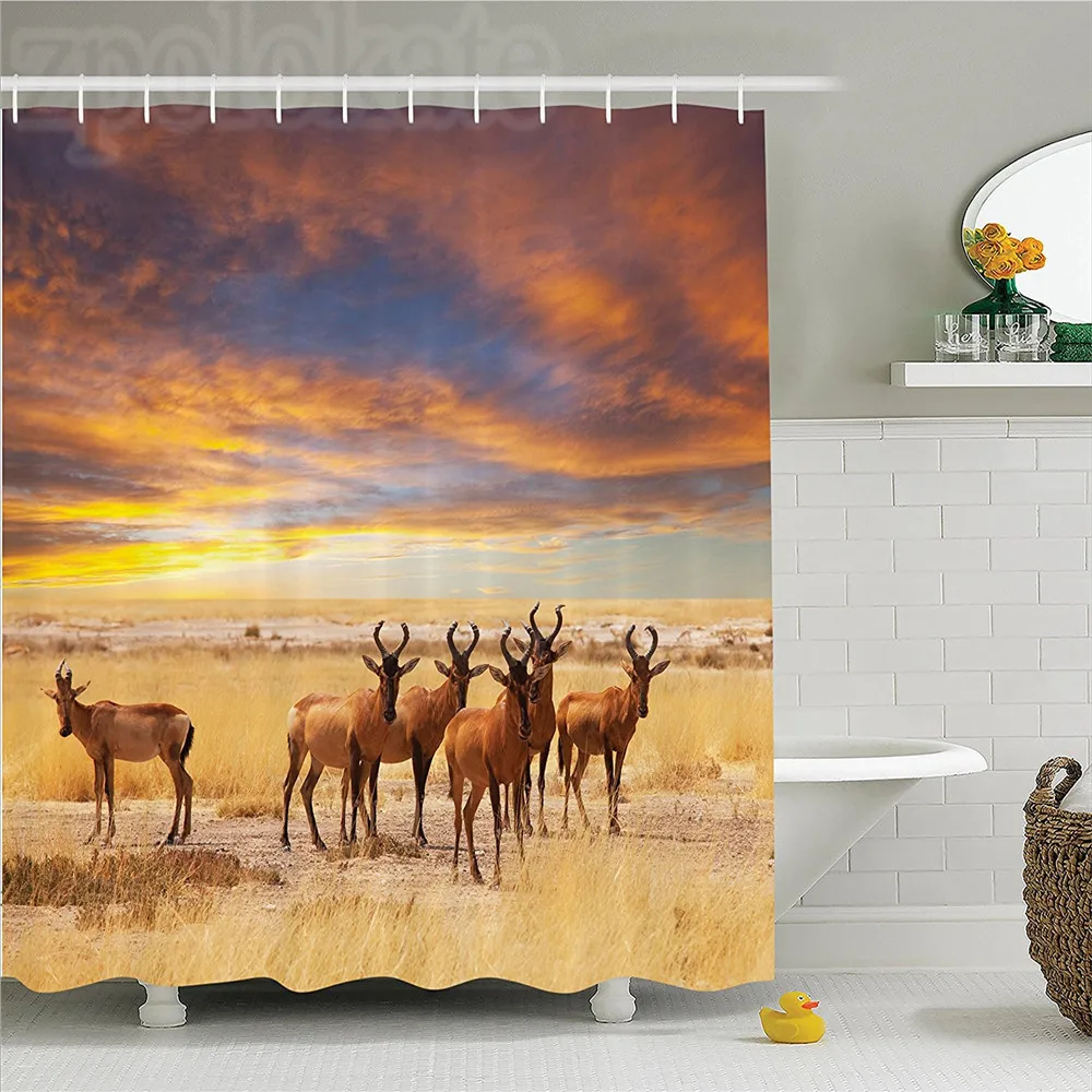 Safari Decor Shower Curtain Set Antelope Crowd On Grassland At Sunset Tropic Exotic Savannahs African Animals Photo Bathroom | Дом и сад