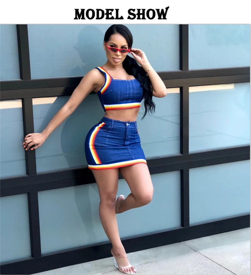 rainbow jean skirt set