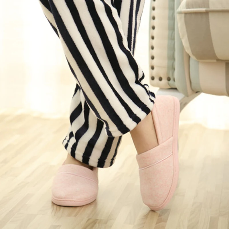 Women Cotton Fabric Slippers At Home Slip On Flat Shoes Warm Female