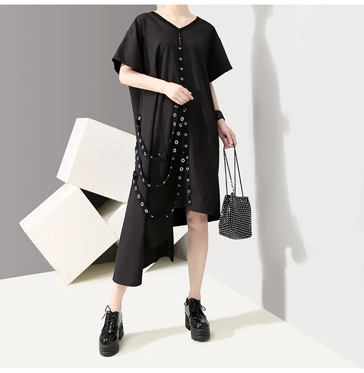 LXG lotusxinag Maternity New Spring Summer Round Neck Short Sleeve Black Irregular Hem Ribbon Big Size Dress Women Fashion Tide