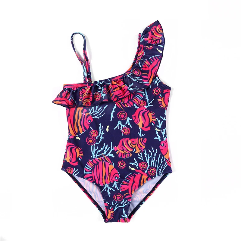 

New Model 3-8 years Girl One Piece Swimsuit Dark Blue Striped Fish Pattern Kids Sling Swimwear Swim Wear Children Bathing Suit
