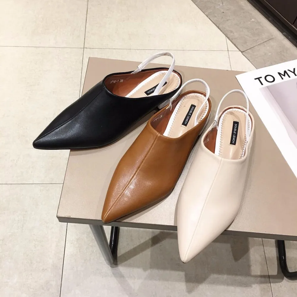 mules shoes woman pointed toe high quality leather slippers back strap
