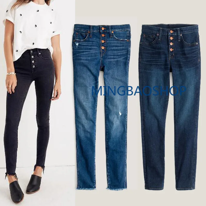 

Trimming elasticity high waistjeans skinny four buckle elastic straight tube trousers angkle length jeans woman plus-size jeans