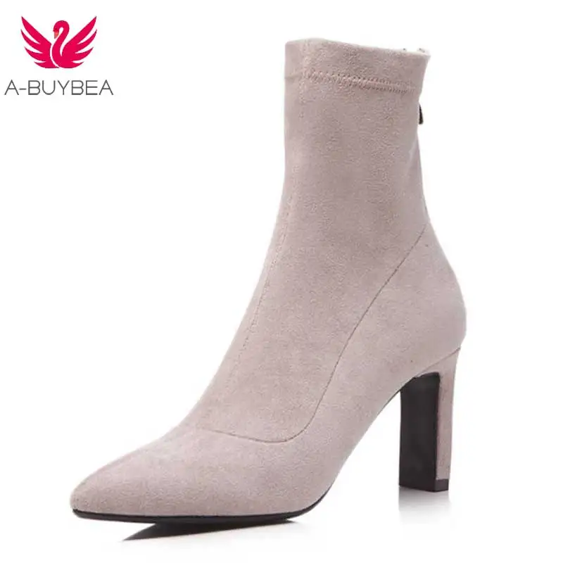 

New Women Genuine Leather Suede Flock High Heels Pointed Toe Ankle Boots Ladies Zipper Short Ankle Booties Female Fashion Shoes
