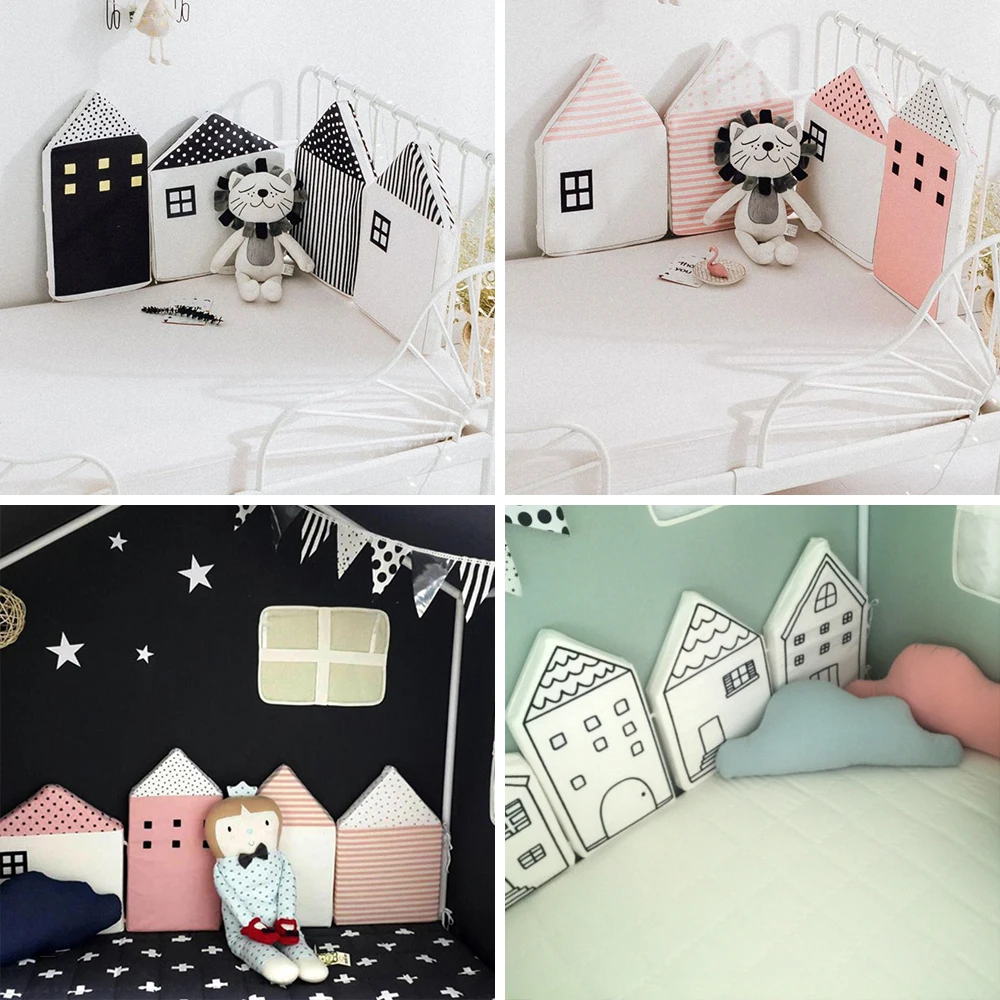 4Pcs Baby Bed Bumper House Pattern Baby Crib Protector Crotch To The Cot Infant Cotton Cradle Guard Bumpers Baby Room Decoration