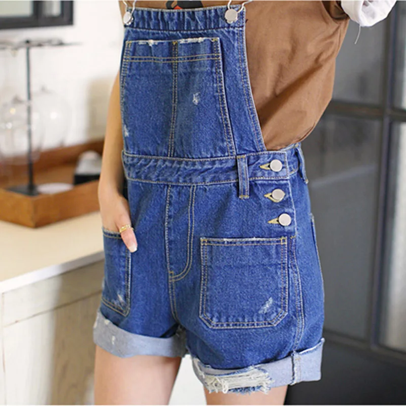 

Women Denim Distresses Style Casual Jumpsuit Front Flap Pocket Short Overalls Girl Washed Jeans Jumpsuit Romper