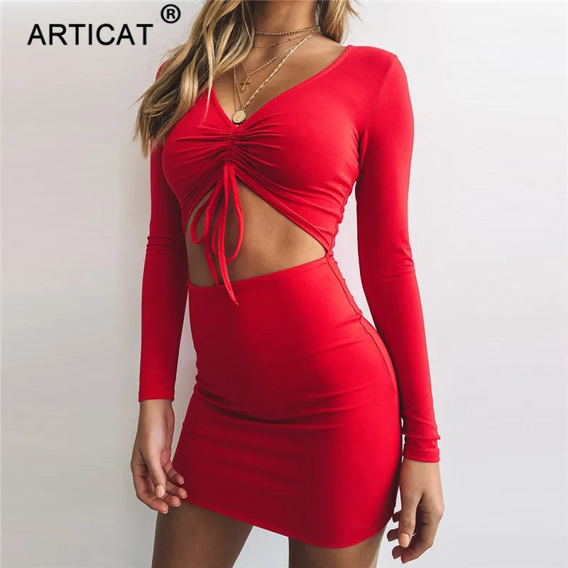 

Articat Hollow Out Pleated Sexy Bandage Dress Women Long Sleeve Bodycon Pencil Autumn Winter Dress 2018 White Casual Party Dress