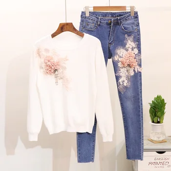 

2018 Autumn New Beaded Embroidery Stereo Floral Long-sleeved Sweater Top + Slim Blue Long Jeans Set Girls' Two Pieces Sets