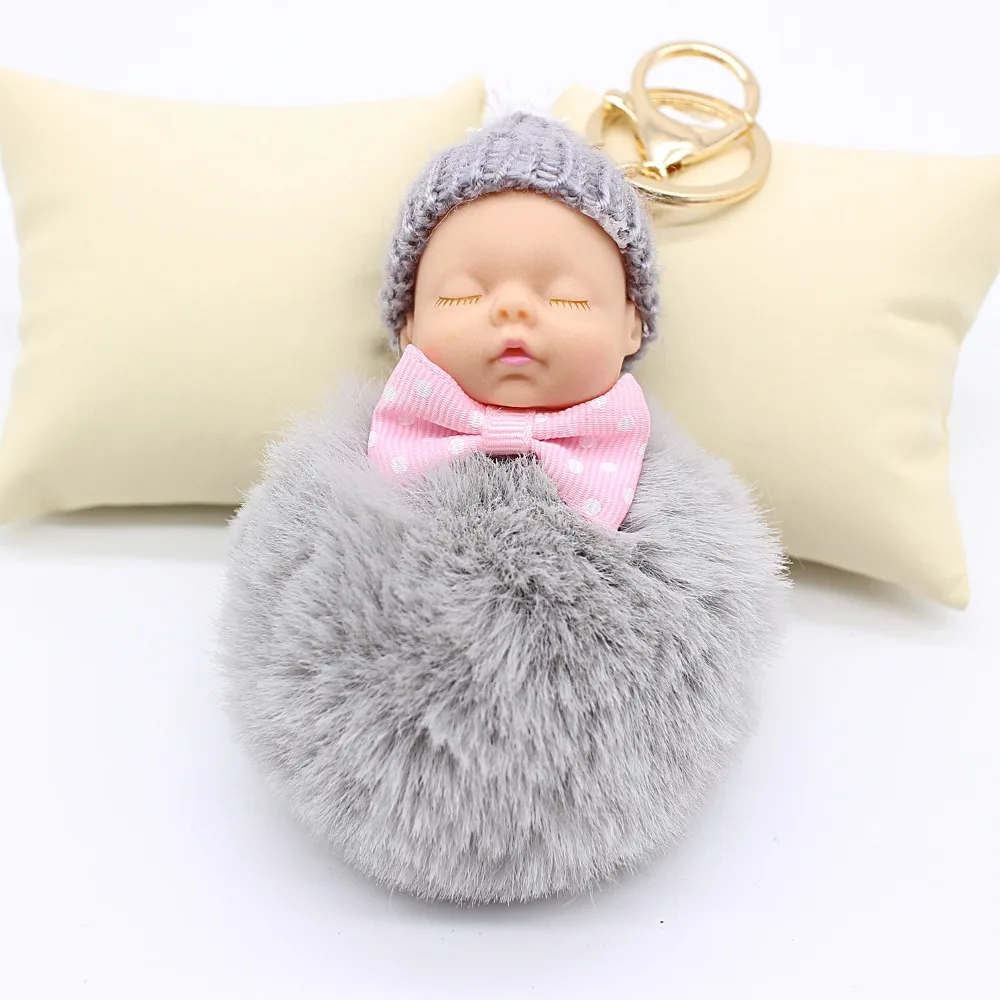 

Sleeping Baby Doll Keychain Pompom Rabbit Fur Ball Key Chain Car Keyring Women Key pom pom Holder Bag Pendant Charm Accessories