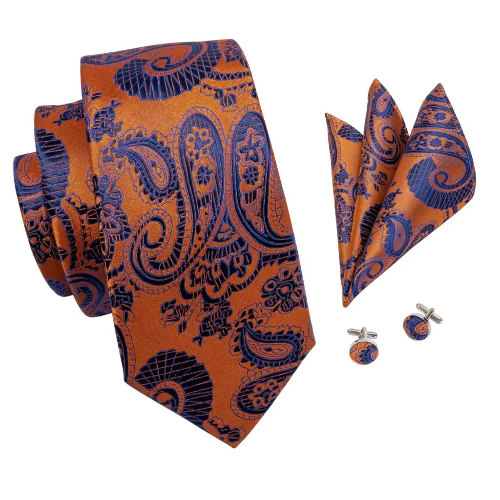 Для мужчин шелковые галстуки золотой цветочный шейный платок Роскошный шеи галстук, носовой платок, Запонки Комплект галстуков Подарок