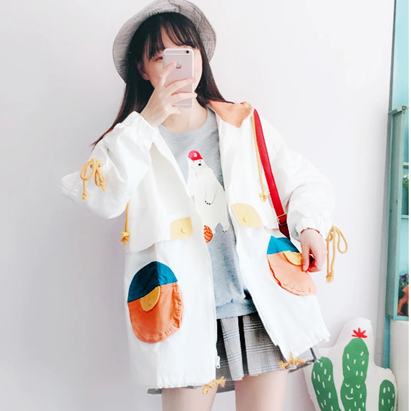 

New Arrival Women Casual Cotton Trench Coat Autumn Pockets Zipper Hooded Collar Color Splicing Medium Long Oversize Femme