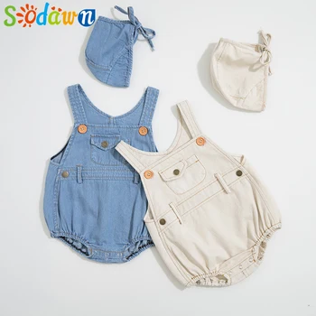 

Sodawn Summer New Baby Boy And Girl Baby Denim Clothing + Hat 2 Piece Set Fashion Triangle Romper