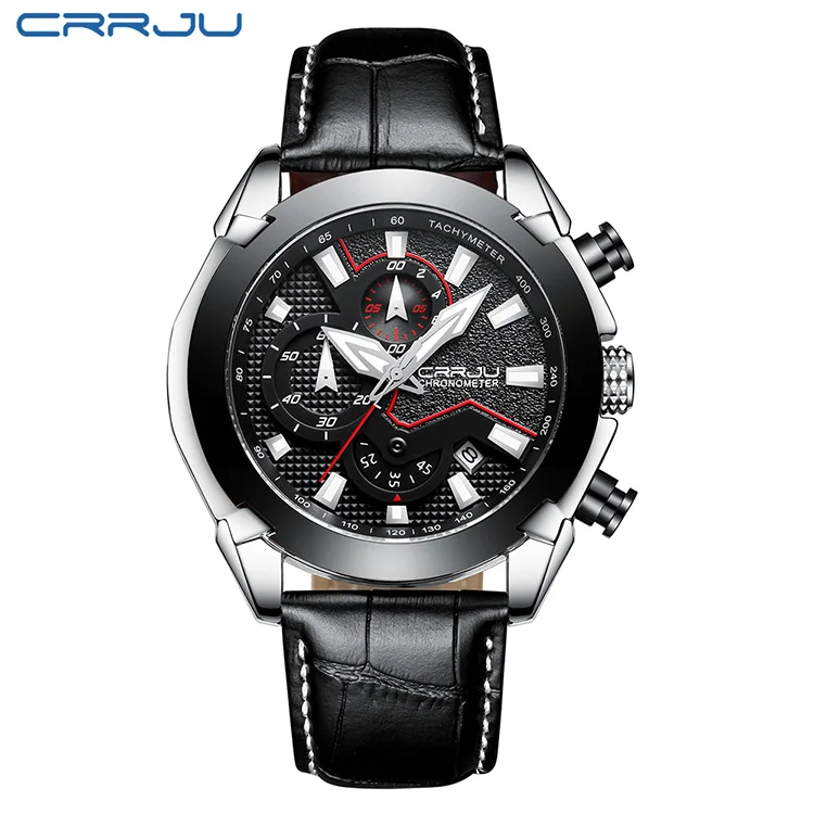 CRRJU Для мужчин часы мужские кожаные автомат кварцевые часы Для мужчин s Элитный бренд Водонепроницаемый спортивные часы Relogio Masculino - Цвет: black silver black
