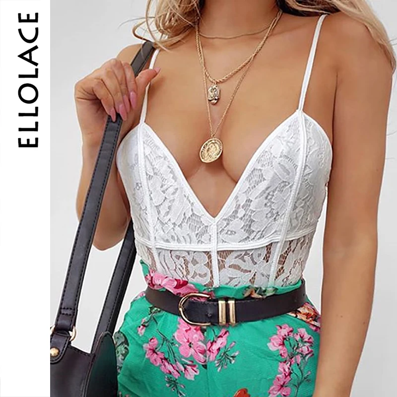 

Ellolace Deep V Elegant Lace Bodysuit Floral Embroidery Transparent Women Ladies Sexy Rompers Female Jumpsuit Ladieds Overalls