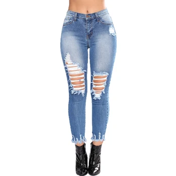 

Hot new 2018 ripped jeans for women bule hight waist Boyfriend hole denim Pencil Skinny sexy casual pants female plus size