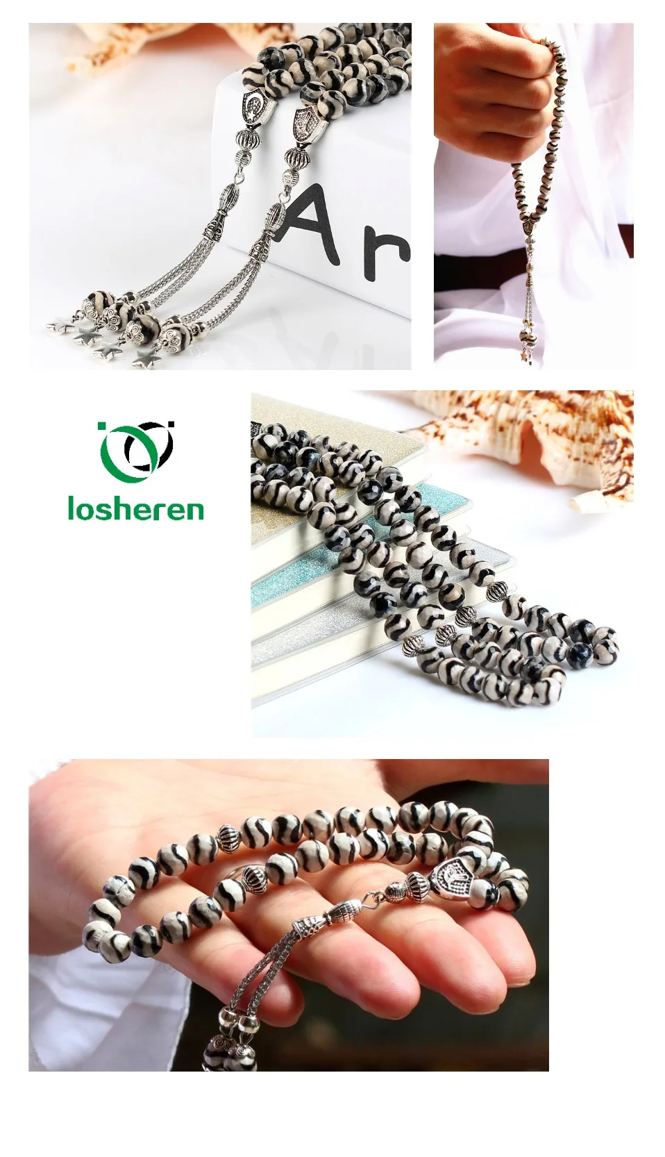 LOSHEREN натуральные Агаты камень 33 мусульманские четки Классический Шарм Tasbih браслеты для женщин Вэнь ислам Аллан ювелирные изделия