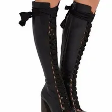 Модные брендовые дамские сапоги до колена с женственным вырезом на завязках с круглым носком Зимние выходные дамские сапоги на высоком толстом каблуке с боковой застежкой-молнией