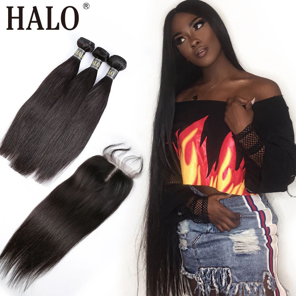 

Halo hair 3 4 Bundles Brazilian Straight Hair Bundles With 6x6 Lace Closure Double Weft Non Remy Human Hair Bundles With Closure