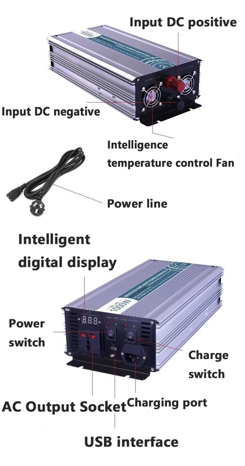 1000 Вт Чистая синусоида Инвертор, DC 12 В/24 В/48 В к AC110V/220 В, решетки солнечной энергии инвертор, преобразователь напряжения с зарядным устройством и UPS